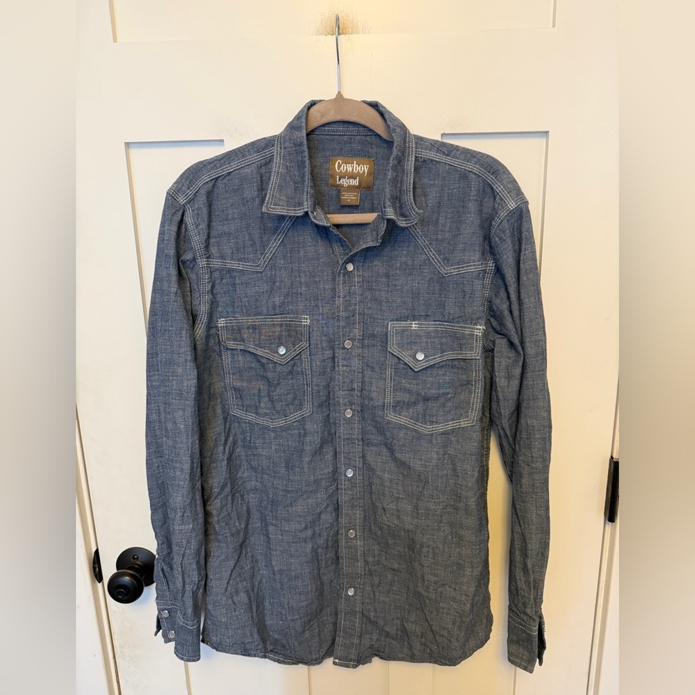 Cowboy legends pearl snap mens shirt long sleeve Medium Western Blue Long Sleeve